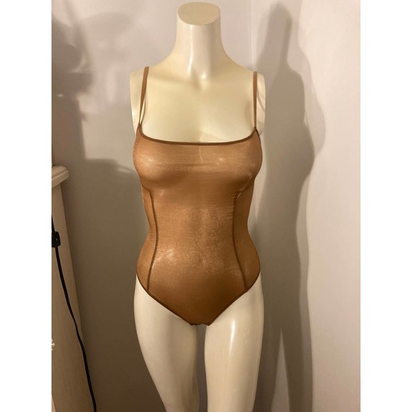 SKIMS Size XL Glissenette Chai Scoop Neck Sheer Bodysuit Shimmery Golden Gold - Picture 3 of 11